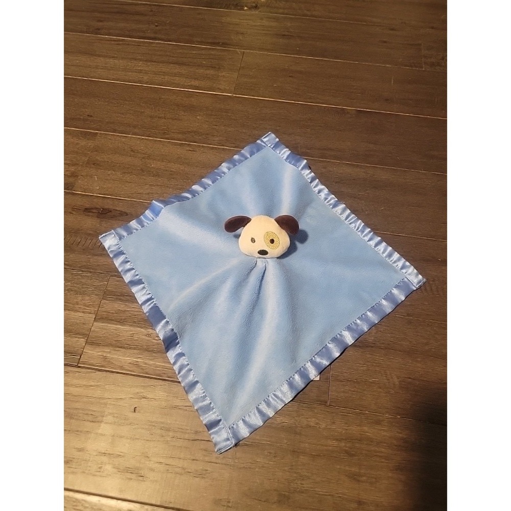 Baby Essentials Blue Satin Puppy Dog Security Blanket Lovey Rattle Toy Brown Eye